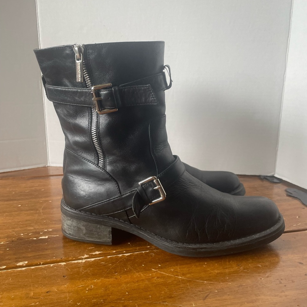 Aquatalia Women's Black Leather Buckles Combat Biker Moto Boots Italy Size 10